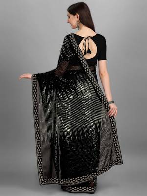 Parrot green georgette saree with double run sequins embroidery & satin lace border 2