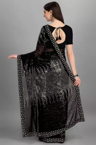 Parrot green georgette saree with double run sequins embroidery & satin lace border