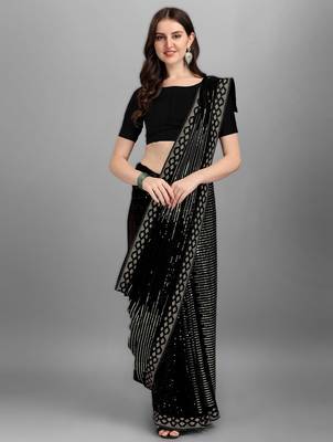 Parrot green georgette saree with double run sequins embroidery & satin lace border 3