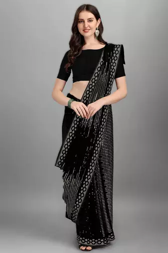 Parrot green georgette saree with double run sequins embroidery & satin lace border