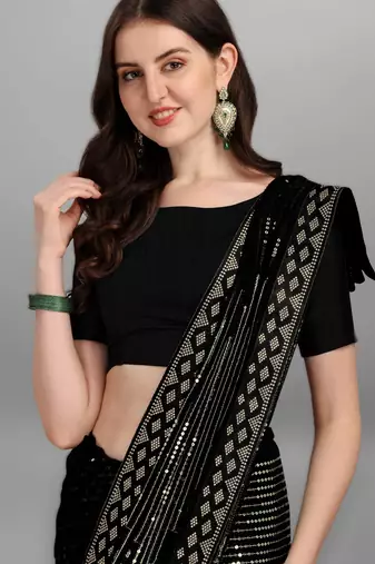 Parrot green georgette saree with double run sequins embroidery & satin lace border