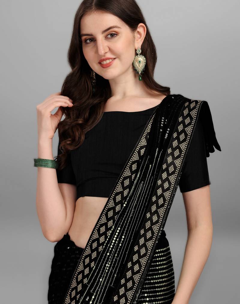 Parrot green heavy georgette designer saree with double run sequins embroidery & satin lace border