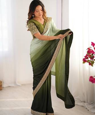 mehandi green chinnon art silk blend thread sequince work saree with blouse 1