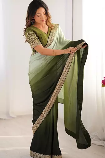 mehandi green color chinnon art silk thread sequince work saree with blouse