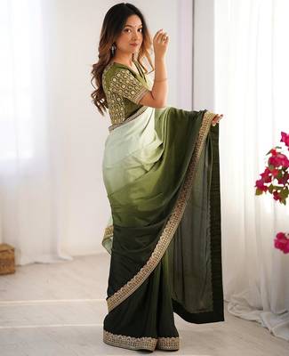 mehandi green chinnon art silk blend thread sequince work saree with blouse 2
