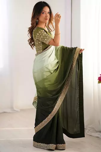mehandi green chinnon art silk blend thread sequince work saree with blouse