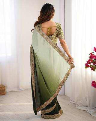 mehandi green chinnon art silk blend thread sequince work saree with blouse 3