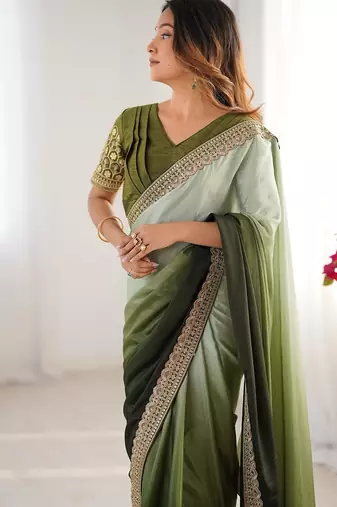mehandi green chinnon art silk blend thread sequince work saree with blouse