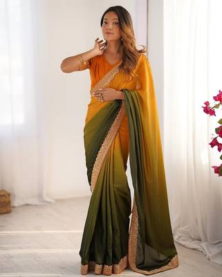 yellow- green color chinnon art silk blend thread sequince work saree with blouse 2