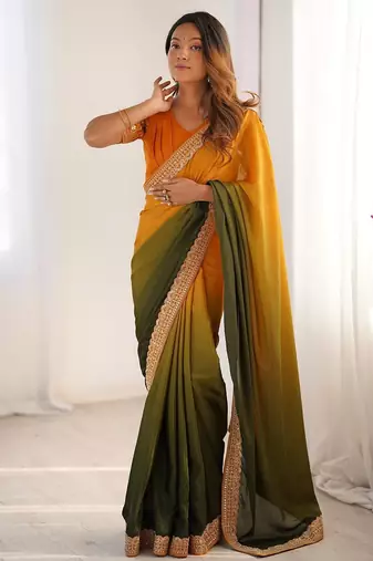 yellow- green color chinnon art silk blend thread sequince work saree with blouse