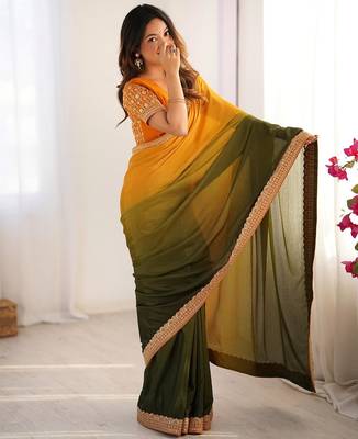 yellow- green color chinnon art silk blend thread sequince work saree with blouse 3