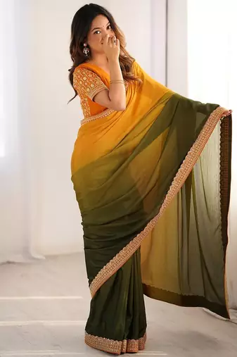 yellow- green color chinnon art silk blend thread sequince work saree with blouse