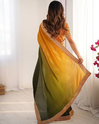 yellow- green color chinnon art silk blend thread sequince work saree with blouse 4