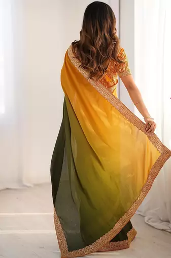 yellow- green color chinnon art silk blend thread sequince work saree with blouse