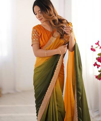 yellow- green color chinnon art silk blend thread sequince work saree with blouse 5