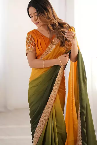 yellow- green color chinnon art silk blend thread sequince work saree with blouse