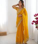 yellow color art silk blend thread sequince embroidered saree with blouse