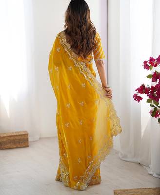 yellow art silk blend thread sequince embroidered saree with blouse 2