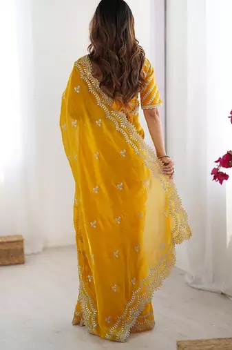yellow color art silk blend thread sequince embroidered saree with blouse