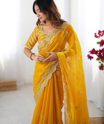 yellow art silk blend thread sequince embroidered saree with blouse 3