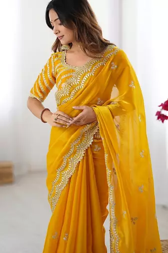 yellow color art silk blend thread sequince embroidered saree with blouse