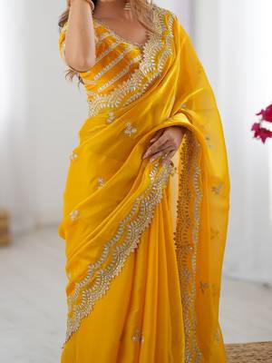 yellow art silk blend thread sequince embroidered saree with blouse 4