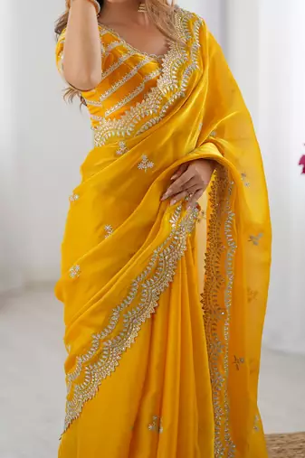 yellow color art silk blend thread sequince embroidered saree with blouse