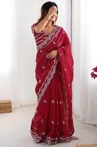 maroon color art silk blend thread sequince embroidered saree with blouse