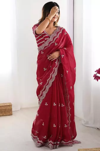 maroon color art silk blend thread sequince embroidered saree with blouse