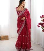 maroon color art silk blend thread sequince embroidered saree with blouse