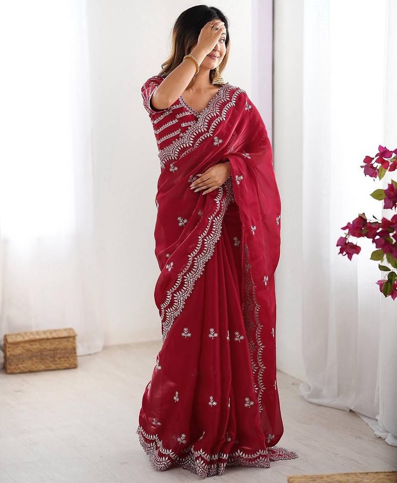 maroon color art silk blend thread sequince embroidered saree with blouse