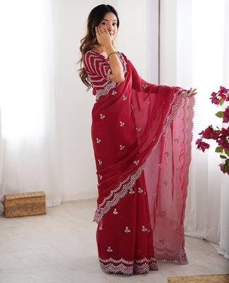 maroon color art silk blend thread sequince embroidered saree with blouse 2