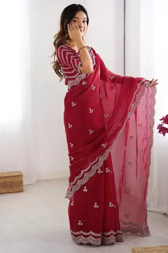 maroon color art silk blend thread sequince embroidered saree with blouse