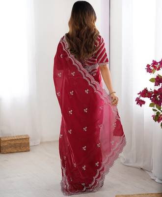 maroon color art silk blend thread sequince embroidered saree with blouse 3