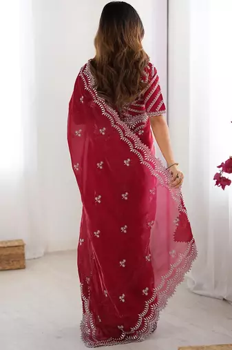 maroon color art silk blend thread sequince embroidered saree with blouse