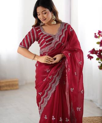 maroon color art silk blend thread sequince embroidered saree with blouse 4