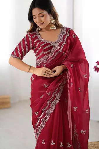maroon color art silk blend thread sequince embroidered saree with blouse