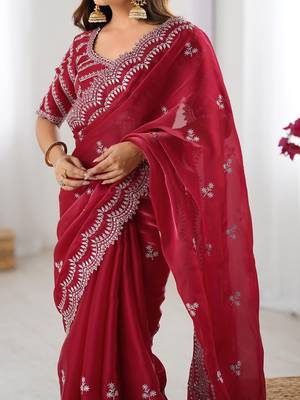maroon color art silk blend thread sequince embroidered saree with blouse 5