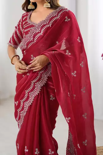 maroon color art silk blend thread sequince embroidered saree with blouse