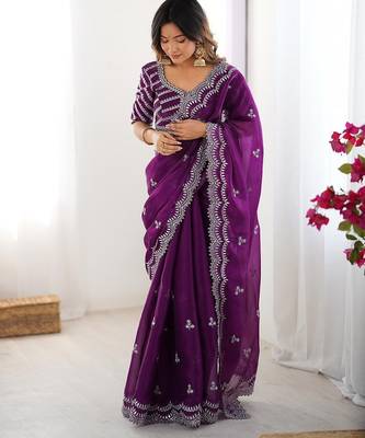 purple color art silk blend thread sequince embroidered saree with blouse 1
