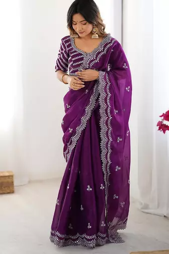 purple color art silk blend thread sequince embroidered saree with blouse