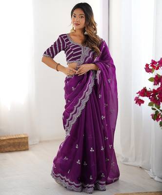 purple color art silk blend thread sequince embroidered saree with blouse 2