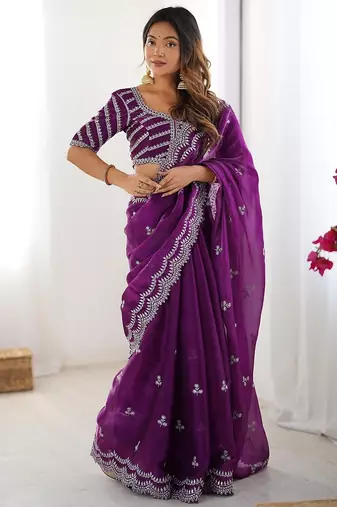 purple color art silk blend thread sequince embroidered saree with blouse