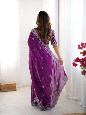 purple color art silk blend thread sequince embroidered saree with blouse 3