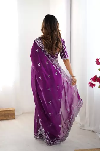purple color art silk blend thread sequince embroidered saree with blouse