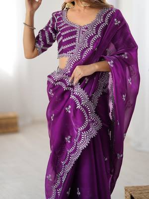 purple color art silk blend thread sequince embroidered saree with blouse 4