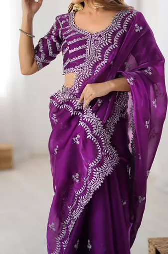 purple color art silk blend thread sequince embroidered saree with blouse