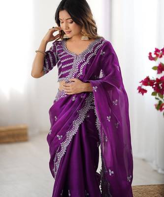 purple color art silk blend thread sequince embroidered saree with blouse 5