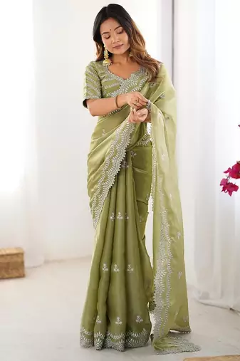 pista green color art silk blend thread sequince embroidered saree with blouse