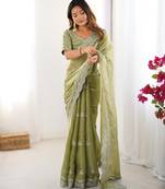 pista green color art silk blend thread sequince embroidered saree with blouse
